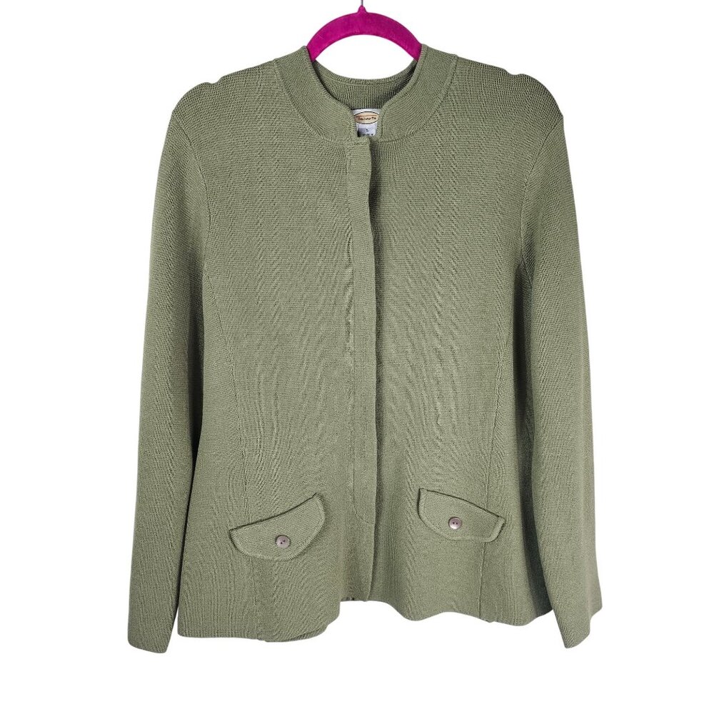 Talbots Silk Blend Waffle Knit Cardigan Jacket L‎ Olive Hidden Button Office